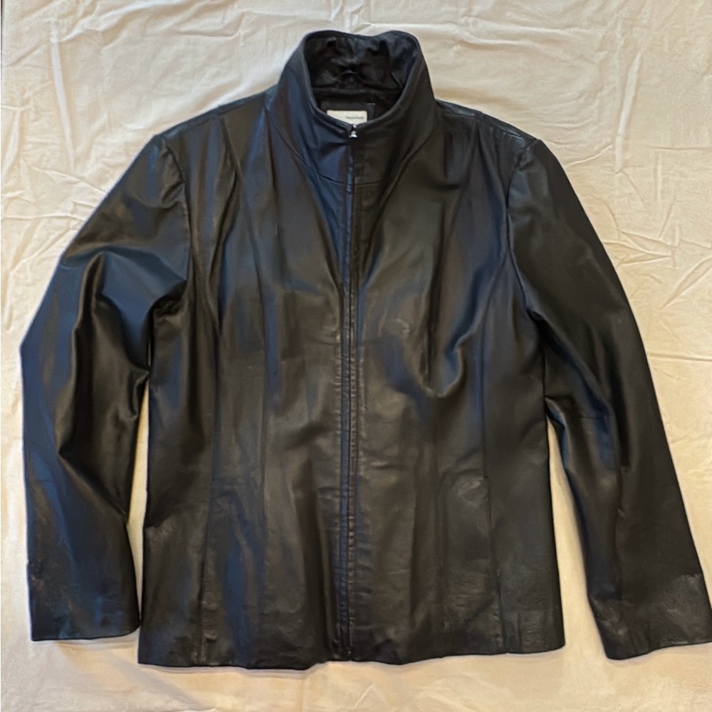 Black Leather Moto Funnel Neck Jacket